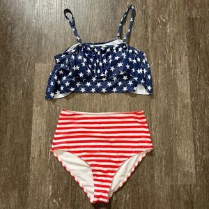 Unbranded Bikini Set Women Small Red White Blue Stars Stripes High Waist Ruffle